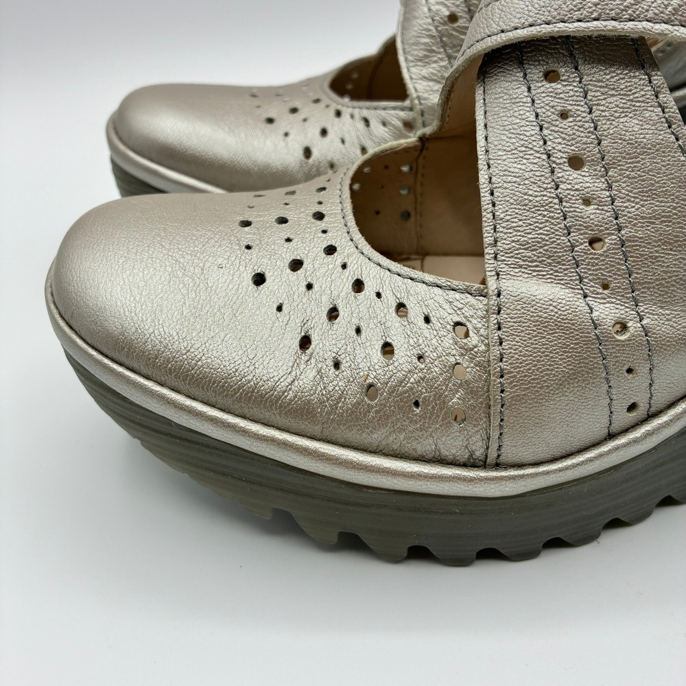 Fly London Yepe Wedge Sandals Womens 38 7.5-8 Gold Leather Perforated Mary Jane - Picture 4 of 15
